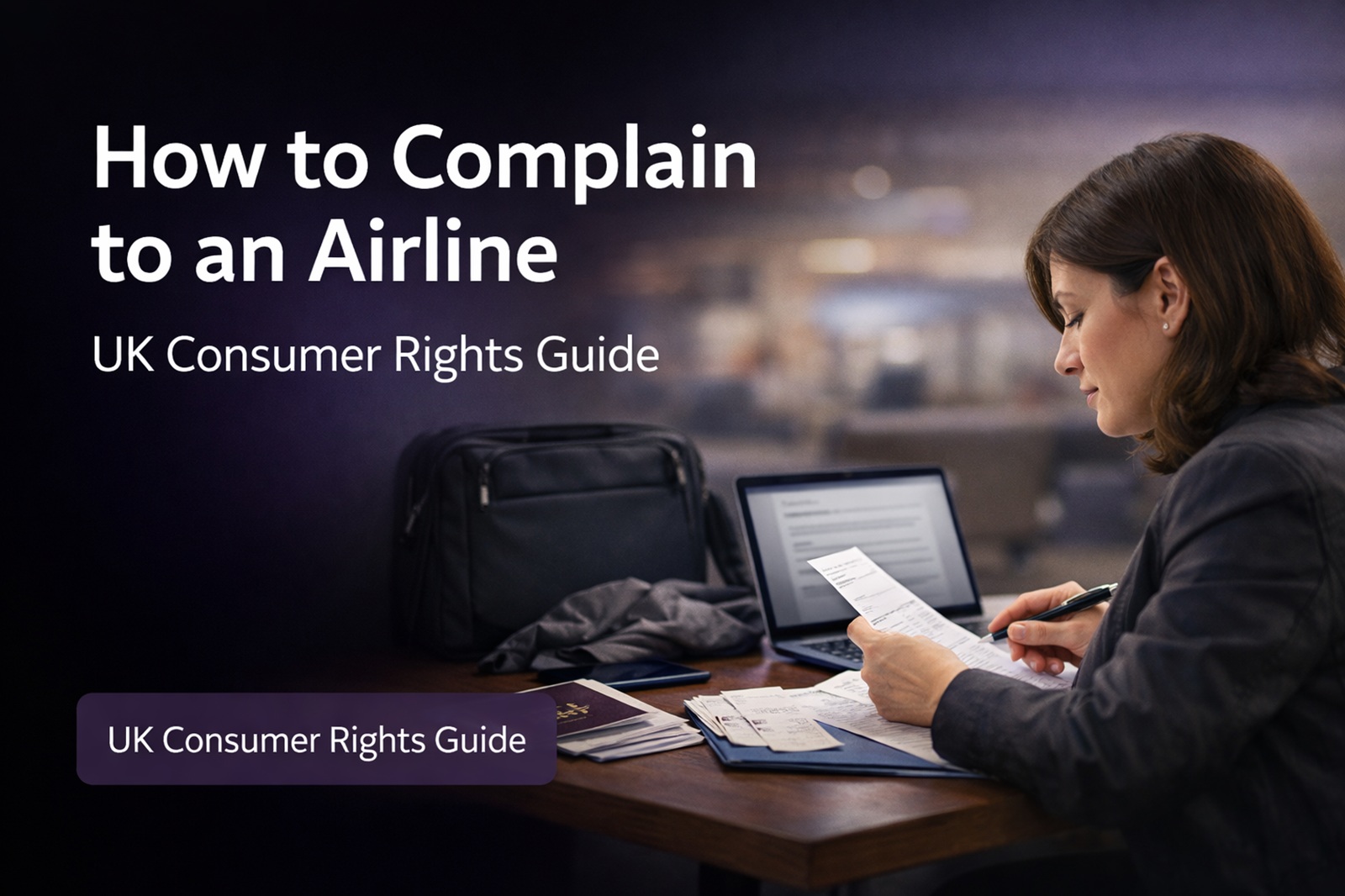 Passenger preparing a written complaint about an airline disruption in the UK