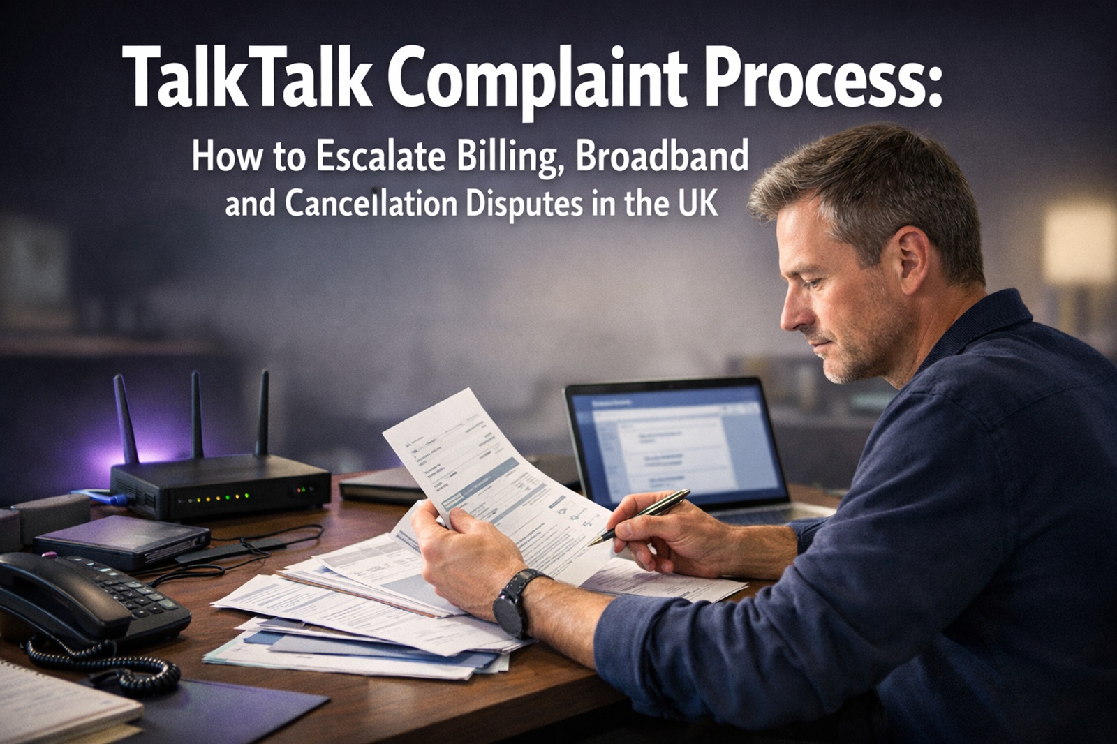 Desk with broadband complaint letter and paperwork representing the TalkTalk complaint process