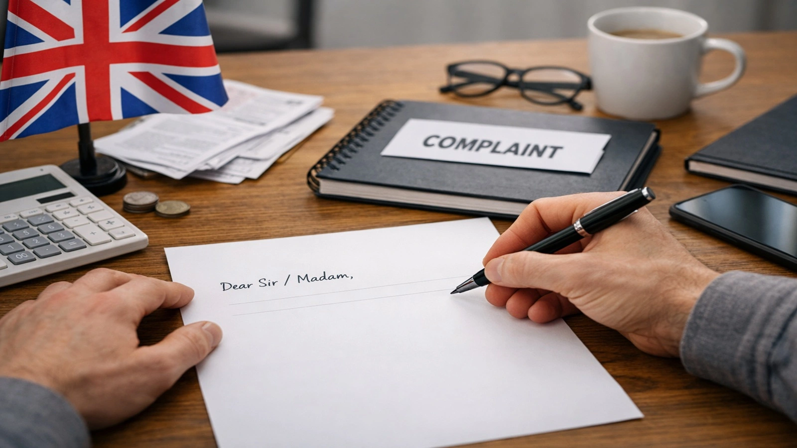 Person writing a formal complaint letter at a desk in the UK