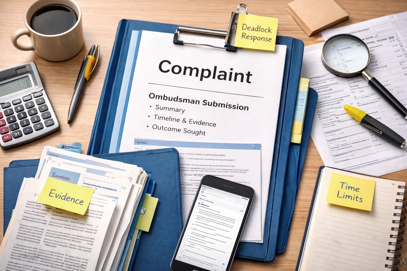 A structured complaint file with a letter and evidence ready for ombudsman escalation